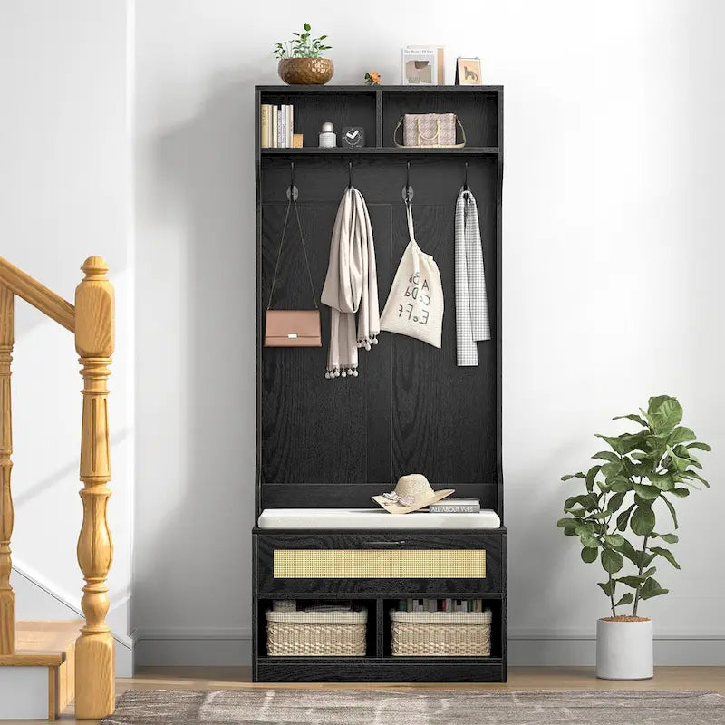 67 Meuble d'entrée 3-en-1 avec banc à chaussures, porte-manteau, 4 patères et 6 compartiments pour entrée