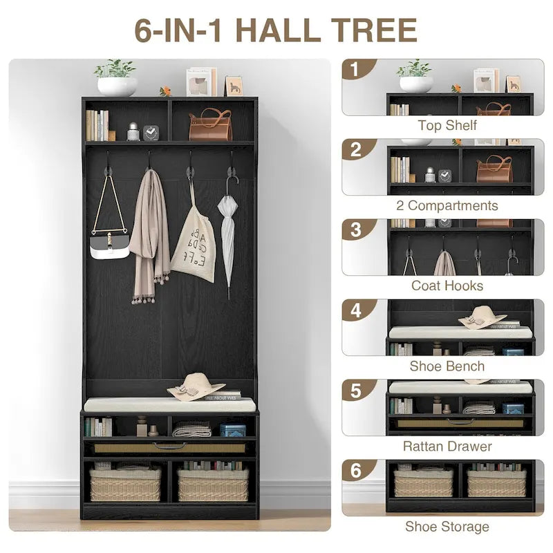 67 Meuble d'entrée 3-en-1 avec banc à chaussures, porte-manteau, 4 patères et 6 compartiments pour entrée
